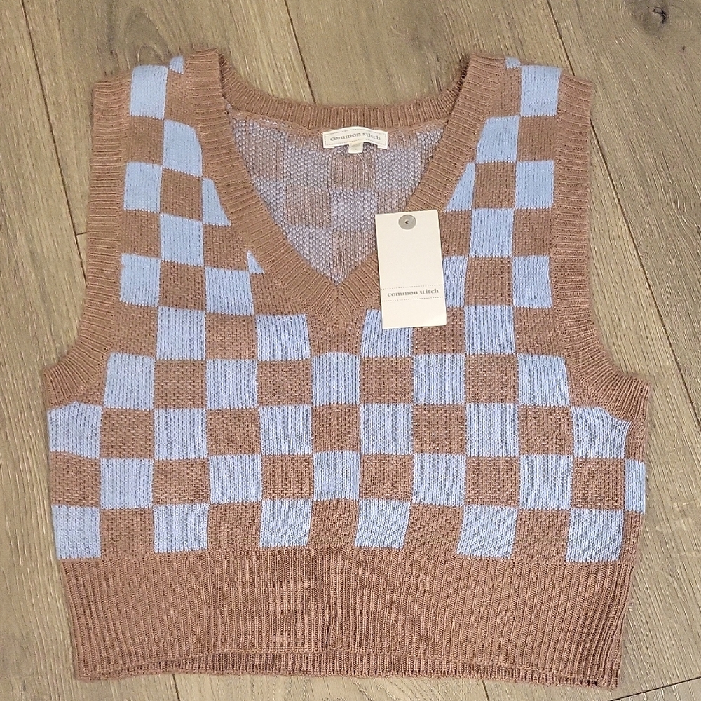Checkerboard Knit Vest in Brown and Blue